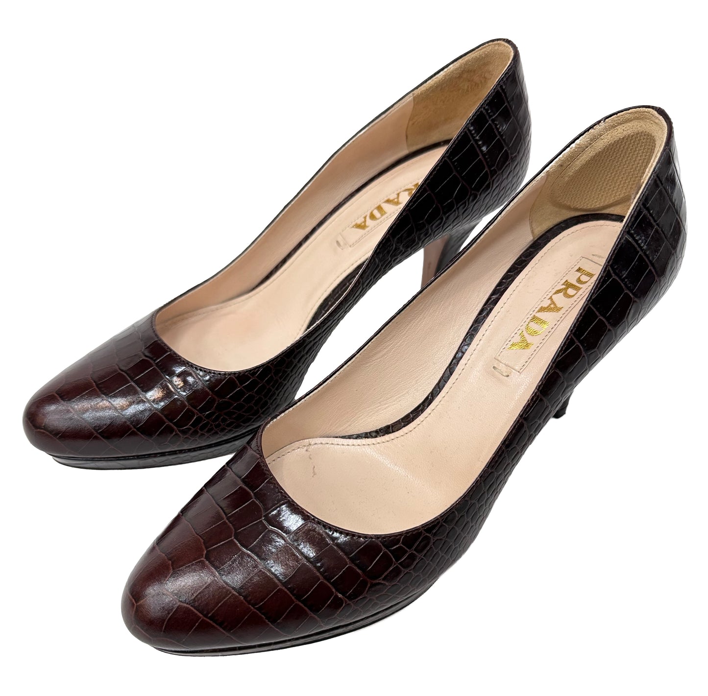 PRADA Croc Embossed Brown Leather Platform Pumps Size 37.5