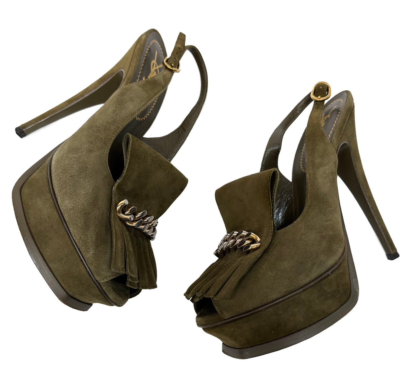 YSL Suede Slingback Pumps Green Size 37