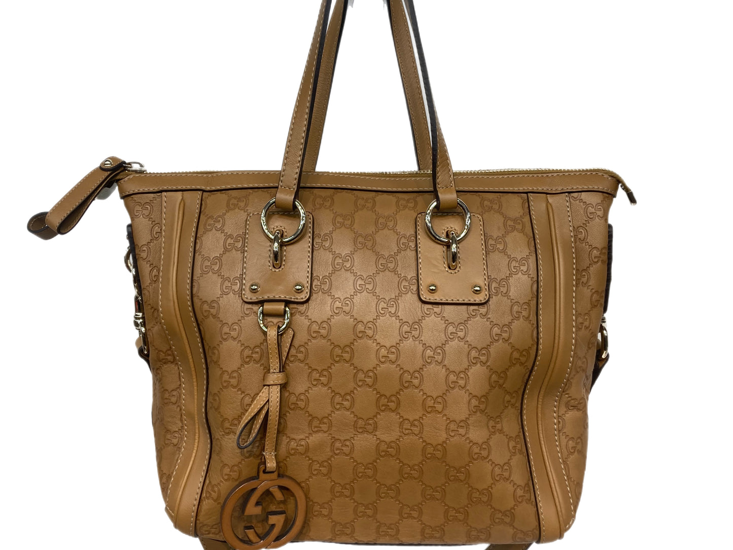 GUCCI Leather GG Monogram Tote Camel