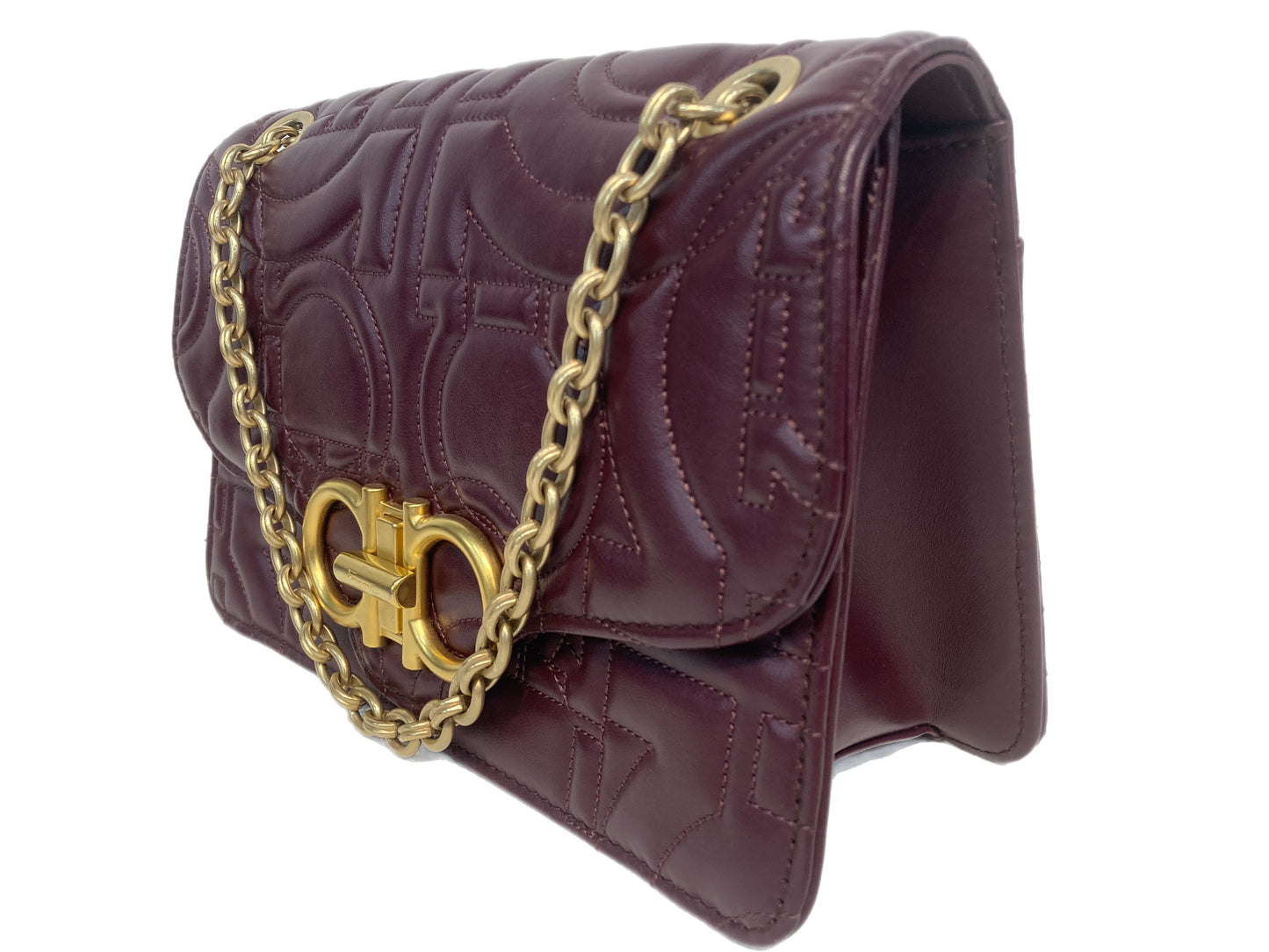 SALVATORE FERRAGAMO Leather Gancini Shoulder Bag Burgundy