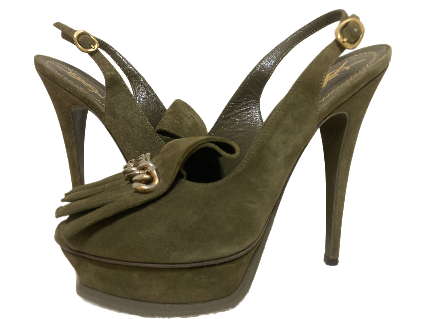 YSL Suede Slingback Pumps Green Size 37