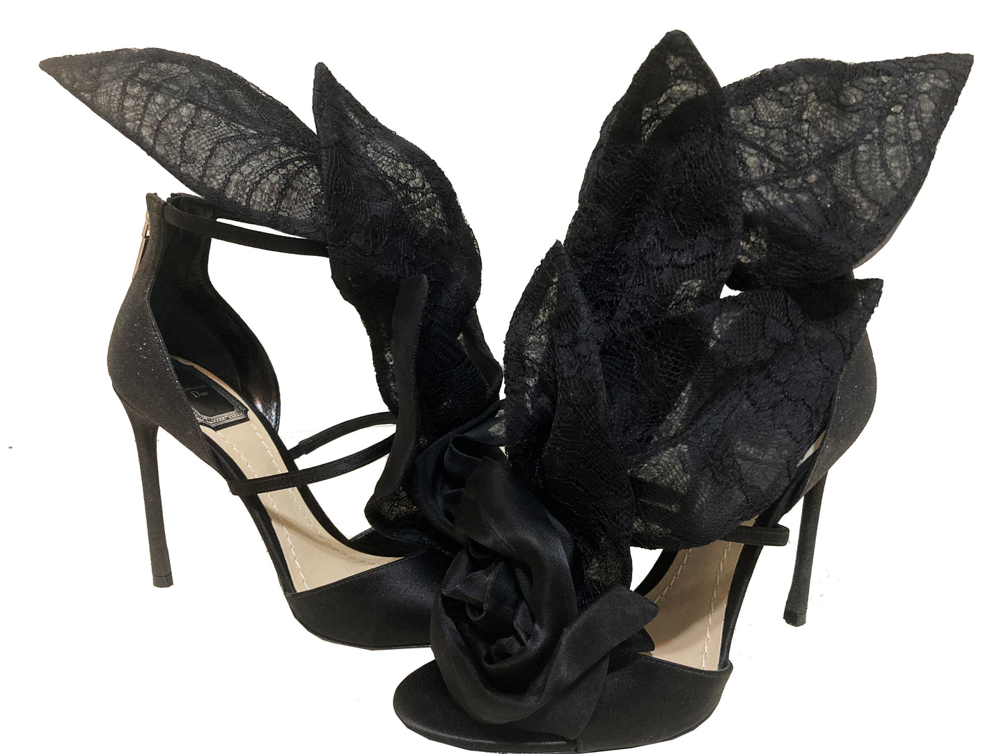 CHRISTIAN DIOR Satin Floral Glitter Sandals Black Size 37