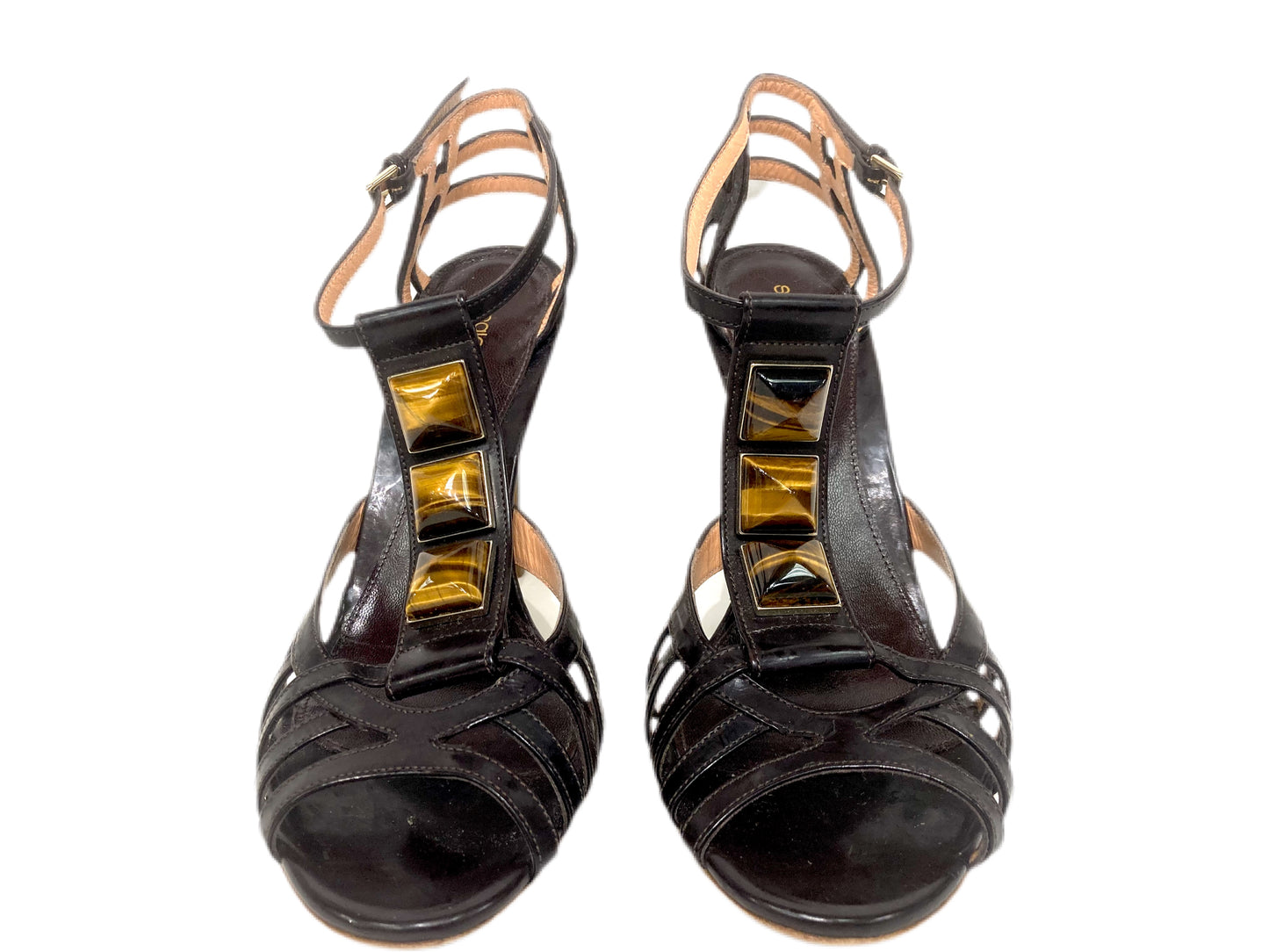 SERGIO ROSSI Leather Stone Sandals Brown Size 37.5 EU