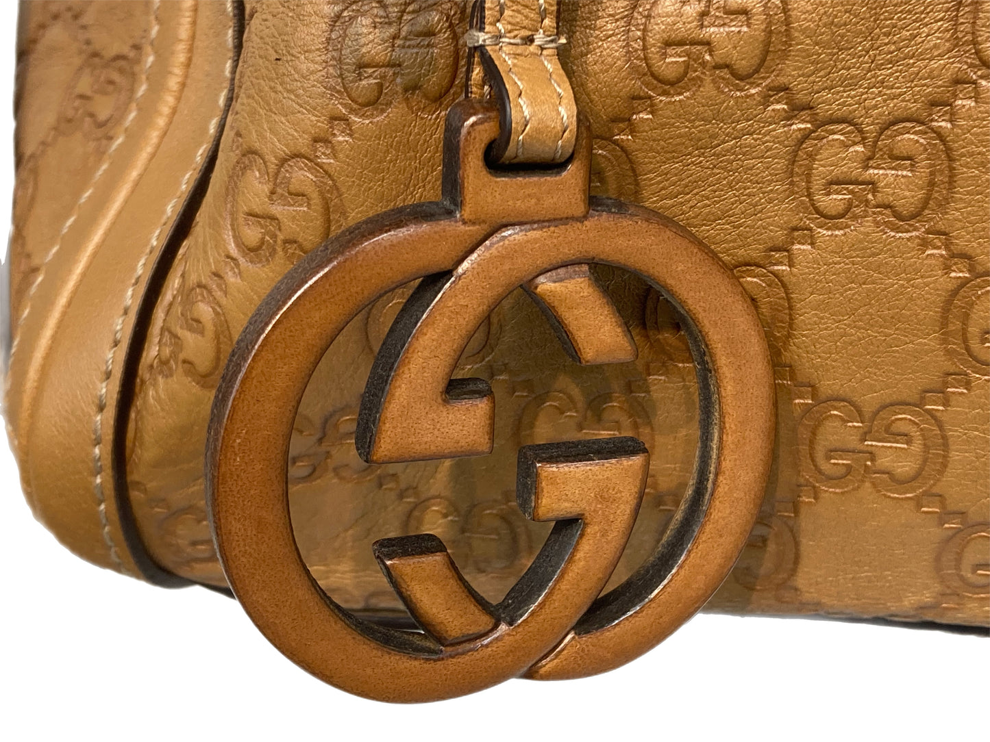 GUCCI Leather GG Monogram Tote Camel