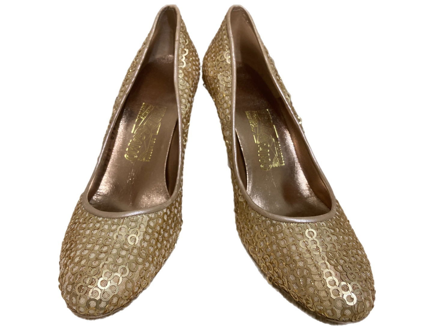 SALVATORE FERRAGAMO Sequin Metallic Pumps Gold Size 8