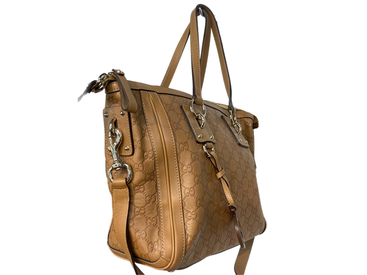 GUCCI Leather GG Monogram Tote Camel