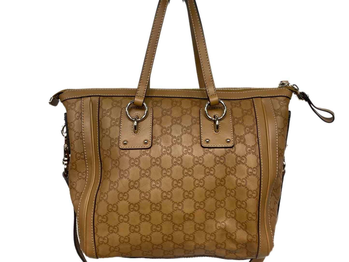 GUCCI Leather GG Monogram Tote Camel