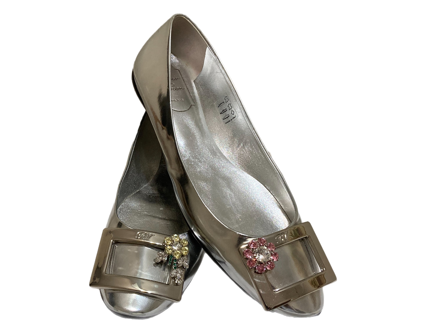 ROGER VIVIER Leather Metallic Flats Silver Size 39
