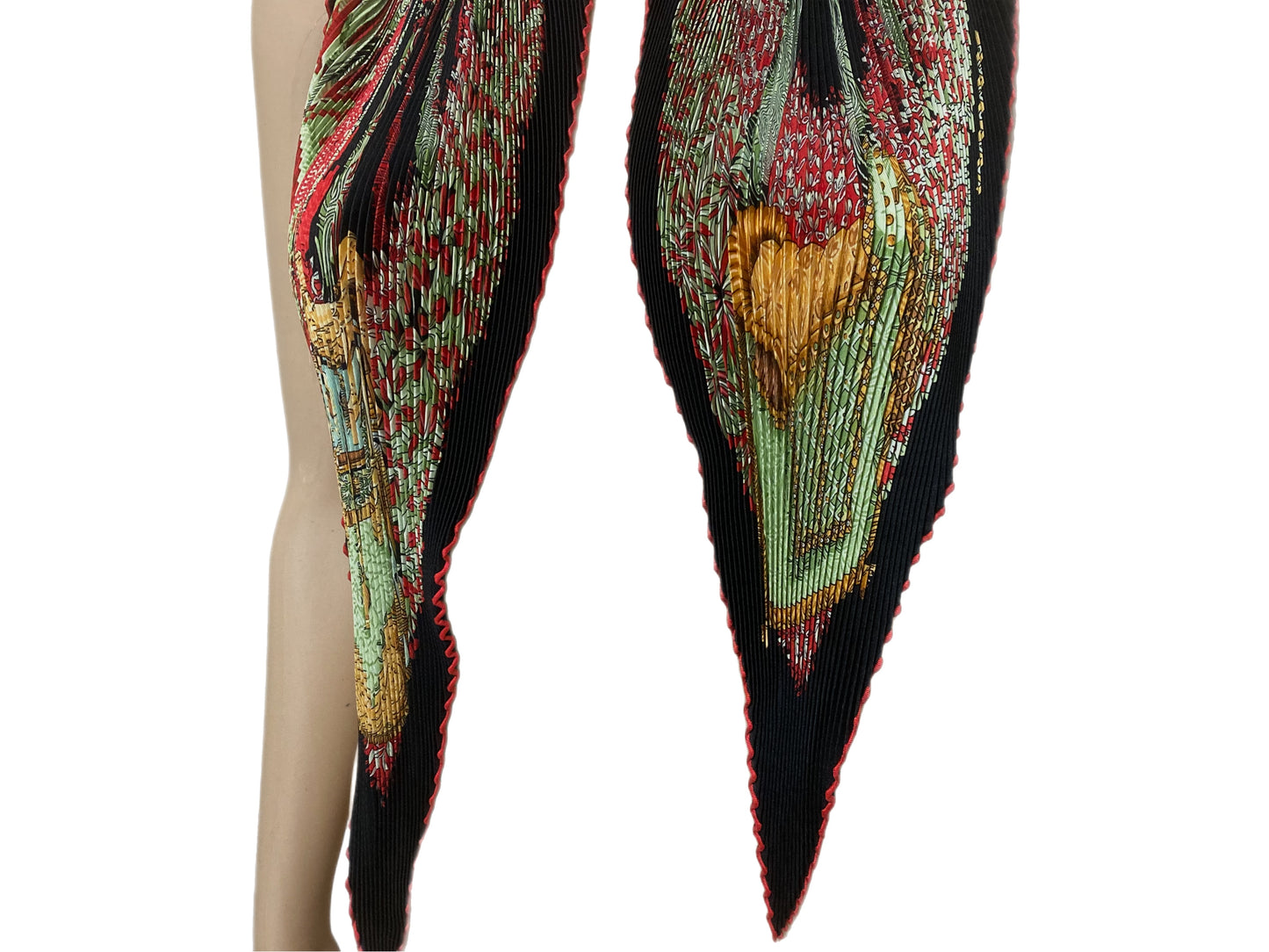HERMES 100% Silk Plisse Scarf Red & Green