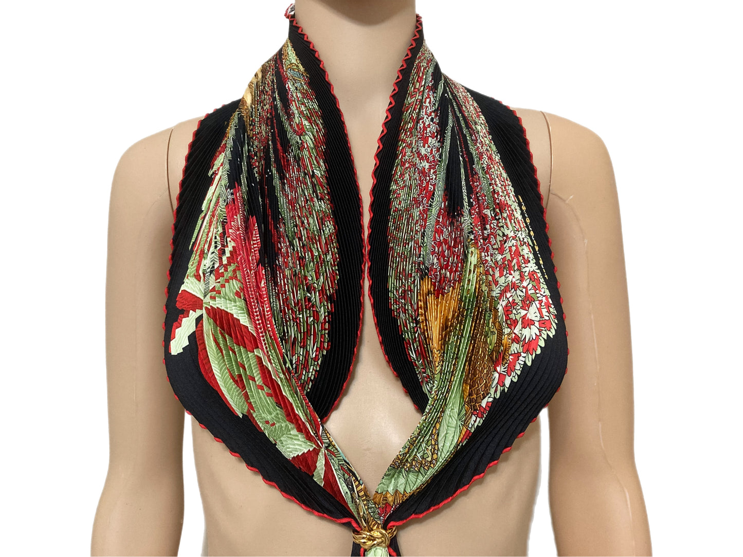 HERMES 100% Silk Plisse Scarf Red & Green