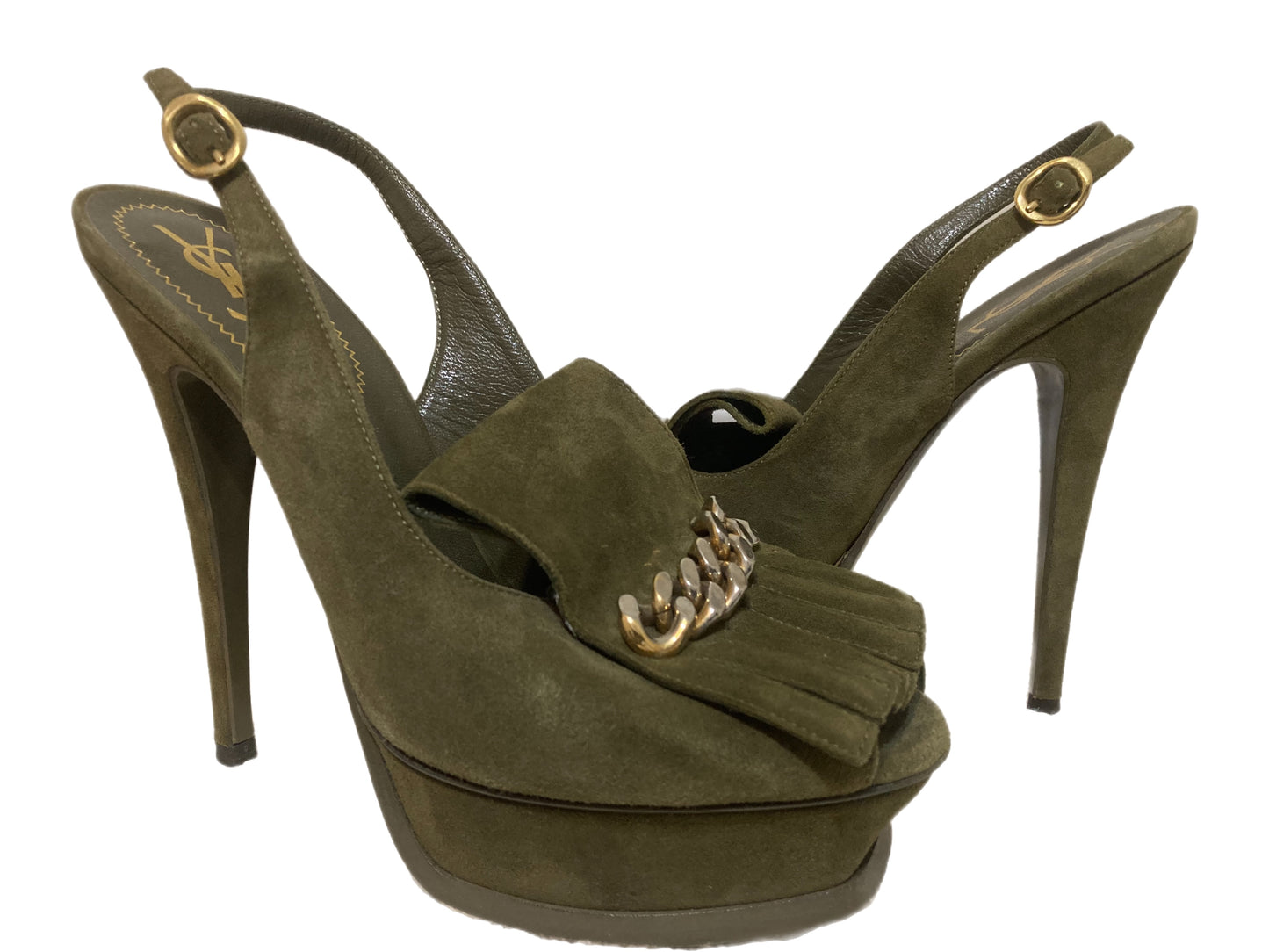YSL Suede Slingback Pumps Green Size 37