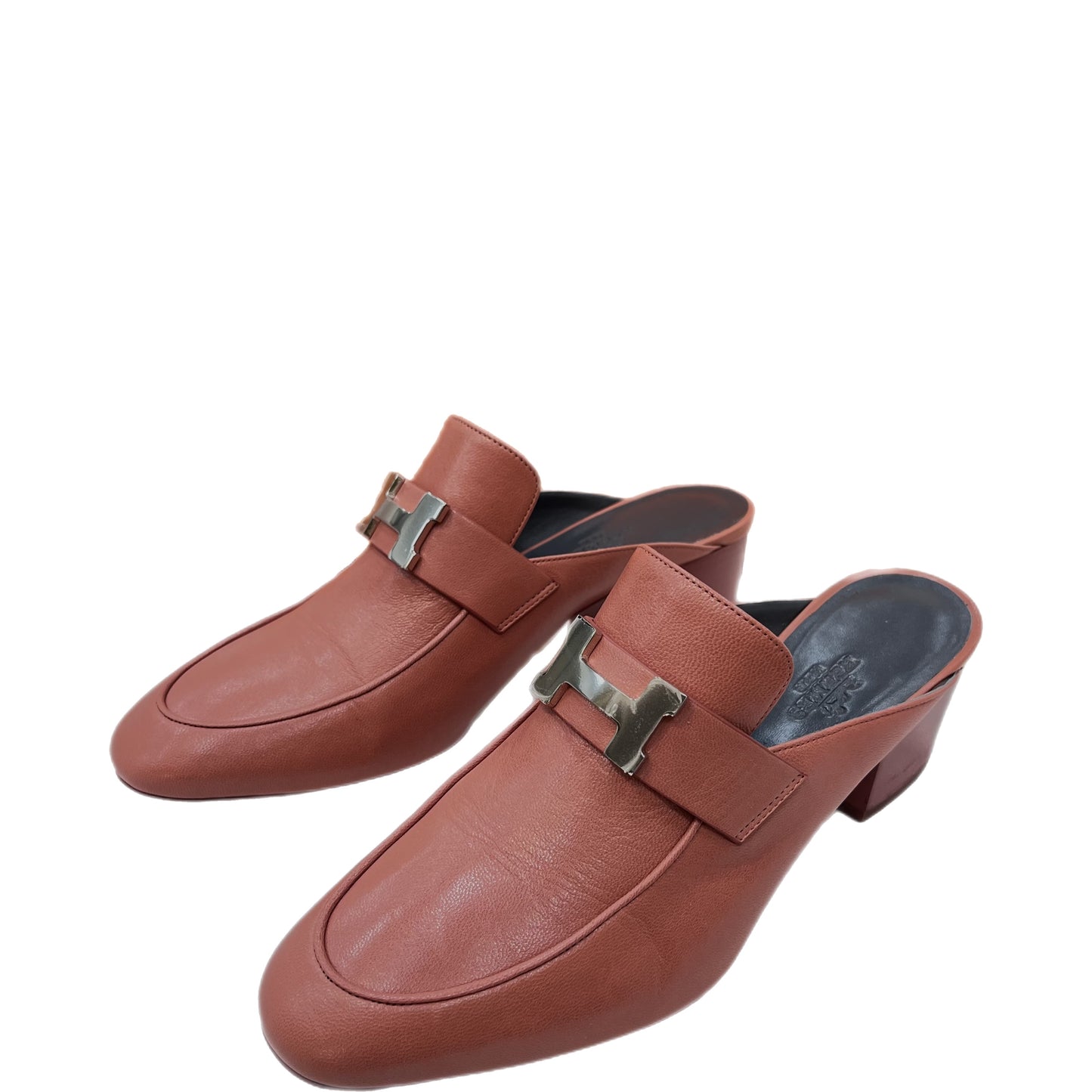 HERMES Leather Logo Paradis Mules Size 37