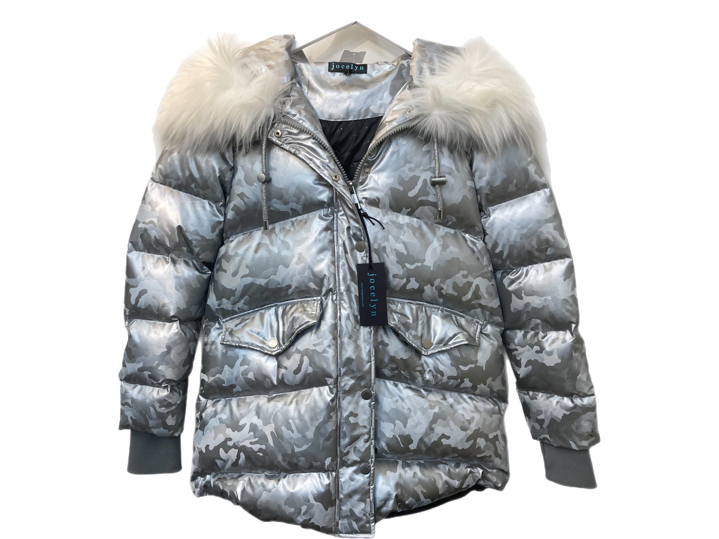 JOCELYN Camo Print Puffer Coat Size Small Silver