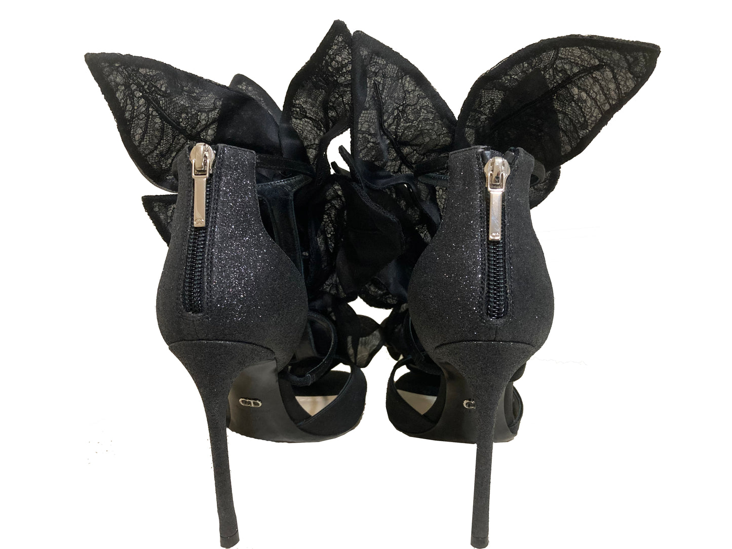 CHRISTIAN DIOR Satin Floral Glitter Sandals Black Size 37