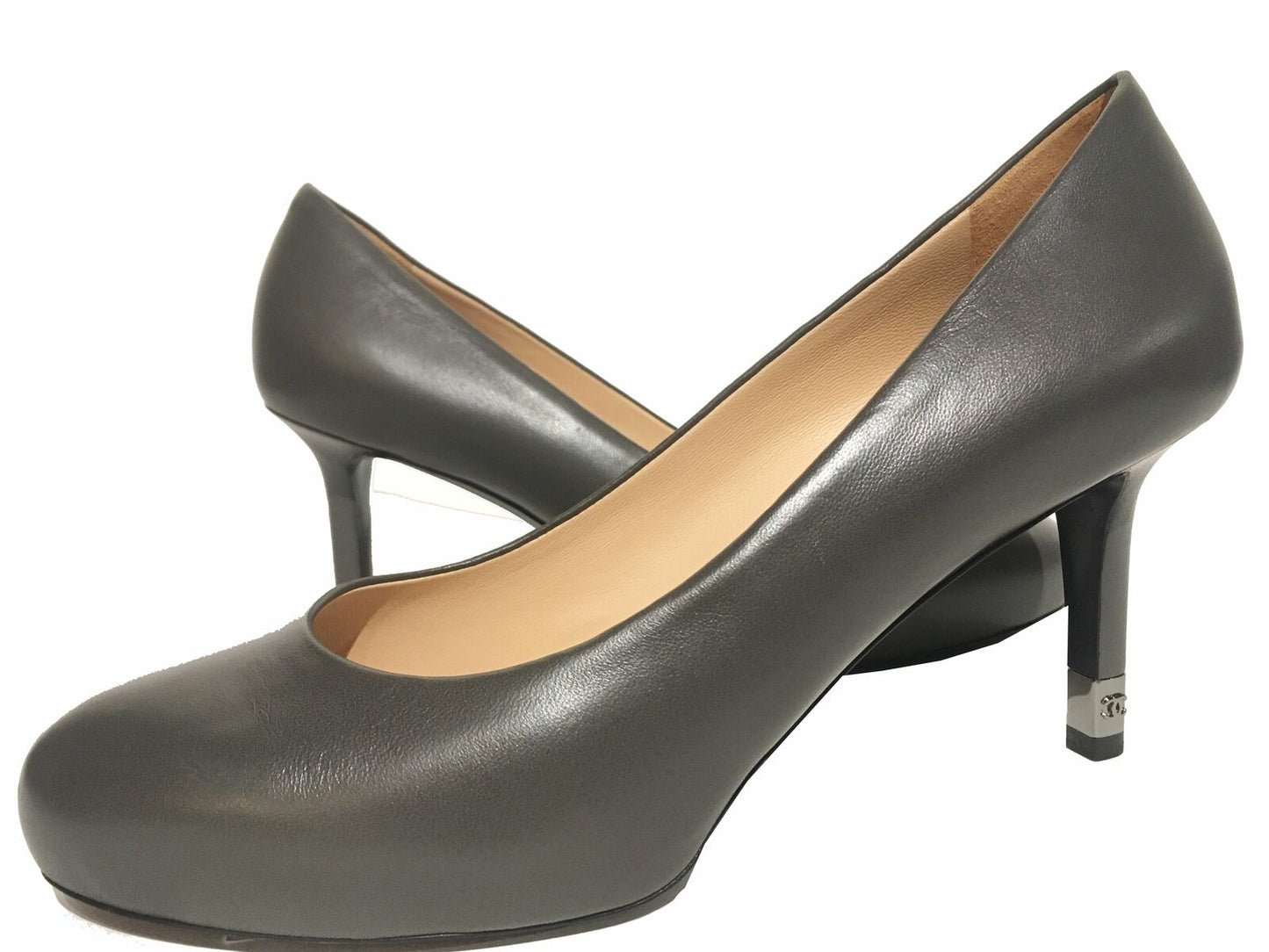 CHANEL Leather Logo Pumps Dark Gray Size 37.5
