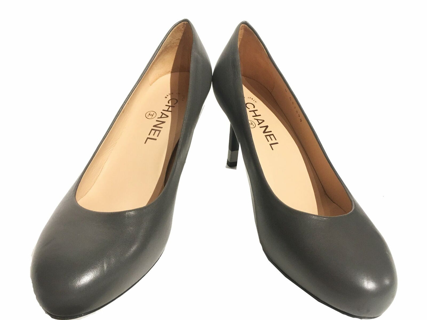 CHANEL Leather Logo Pumps Dark Gray Size 37.5