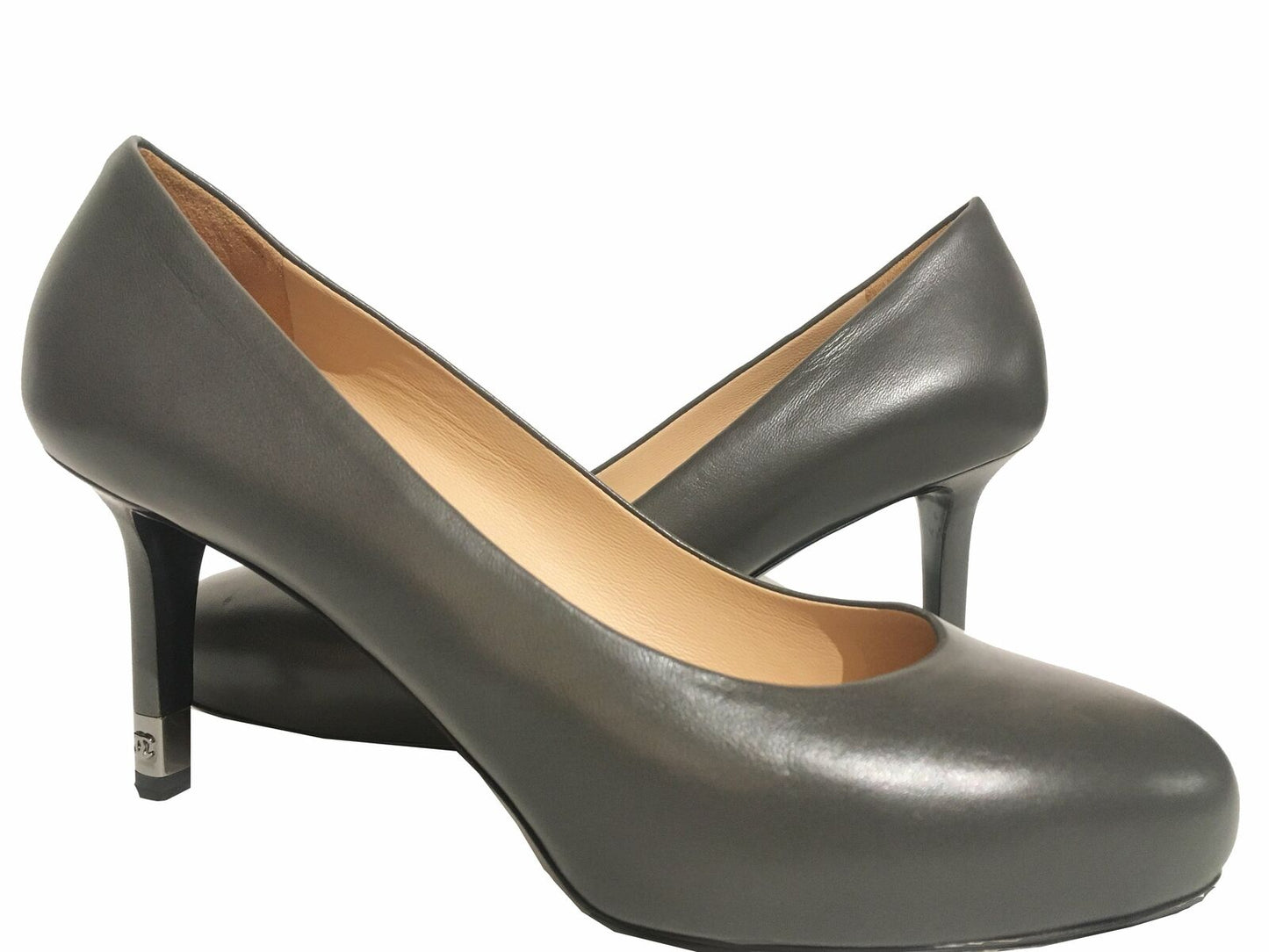 CHANEL Leather Logo Pumps Dark Gray Size 37.5