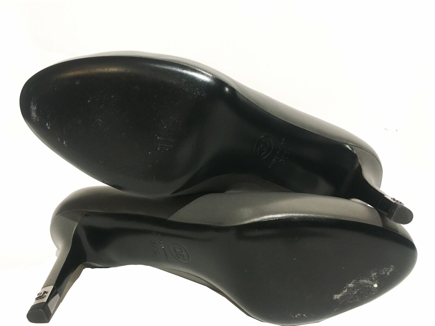 CHANEL Leather Logo Pumps Dark Gray Size 37.5