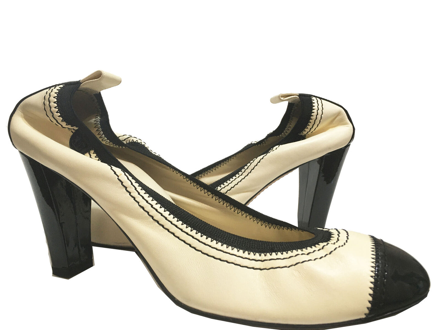 CHANEL Leather & Patent Pumps Ivory & Black Size 37.5