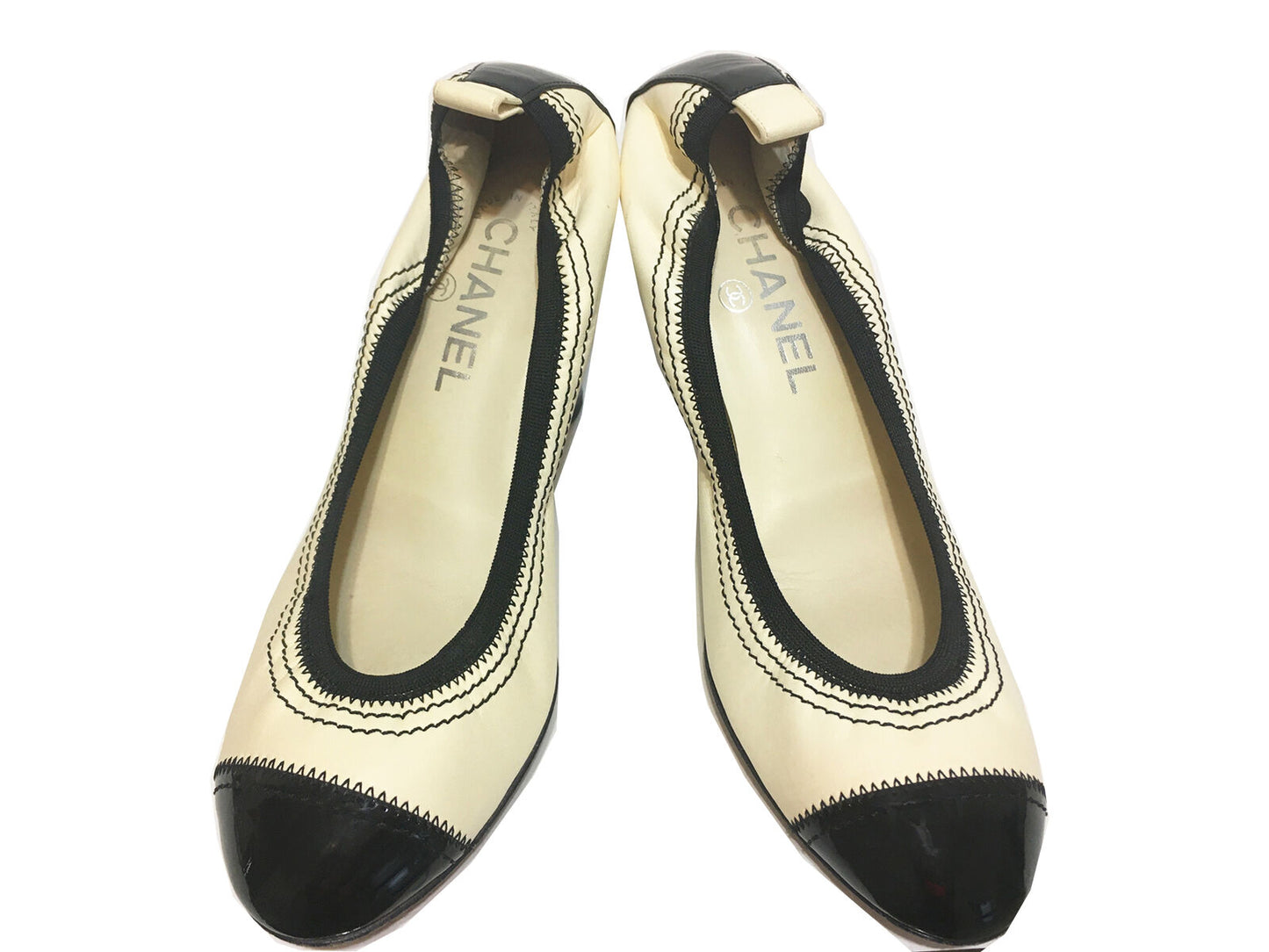 CHANEL Leather & Patent Pumps Ivory & Black Size 37.5