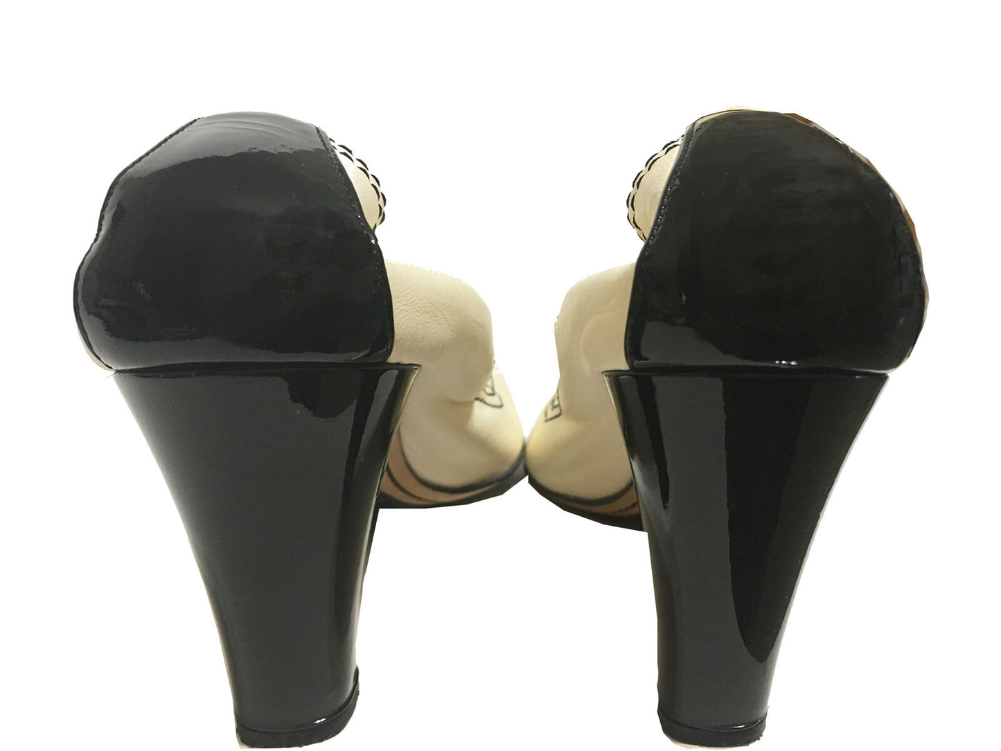 CHANEL Leather & Patent Pumps Ivory & Black Size 37.5