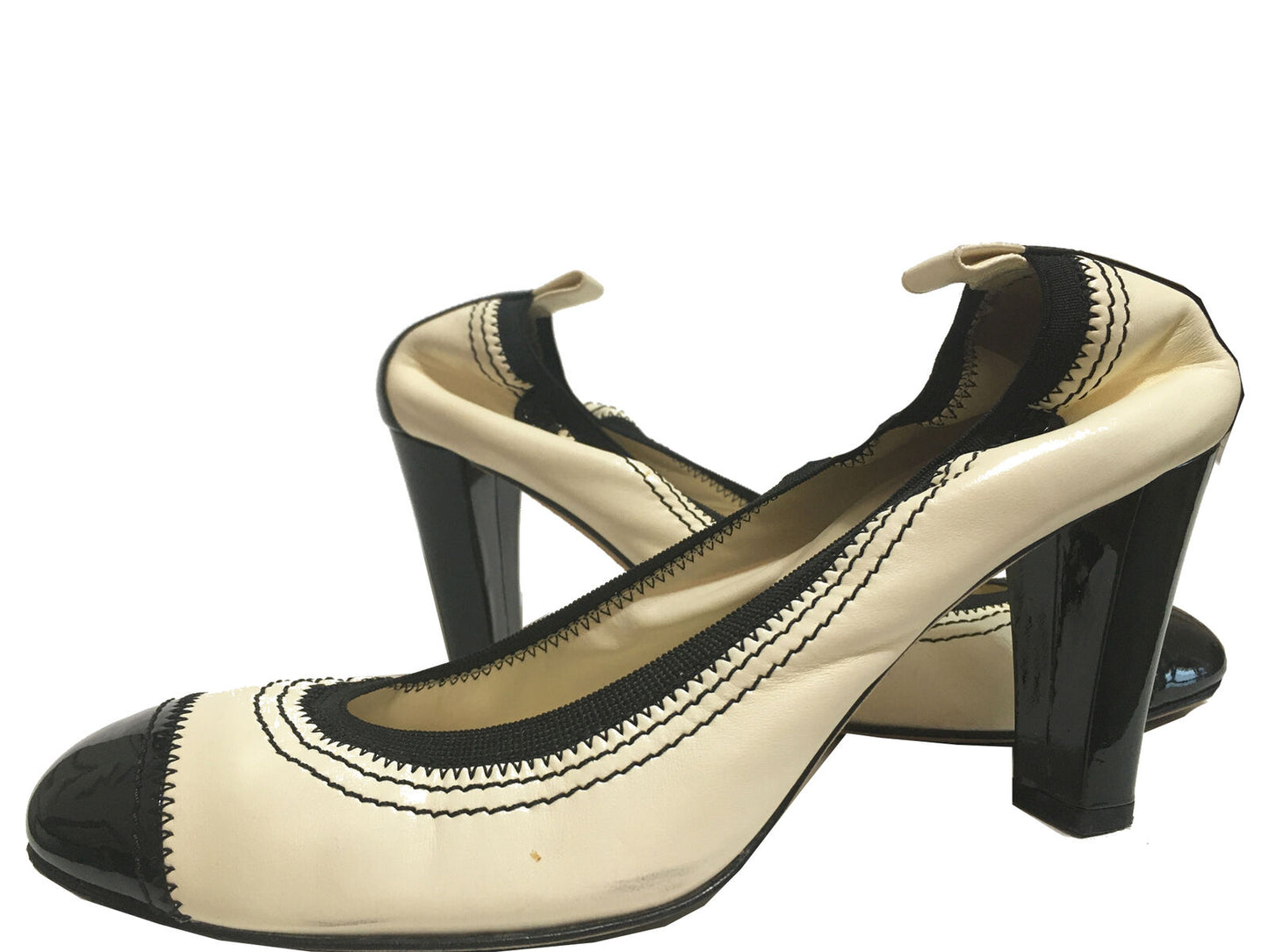 CHANEL Leather & Patent Pumps Ivory & Black Size 37.5