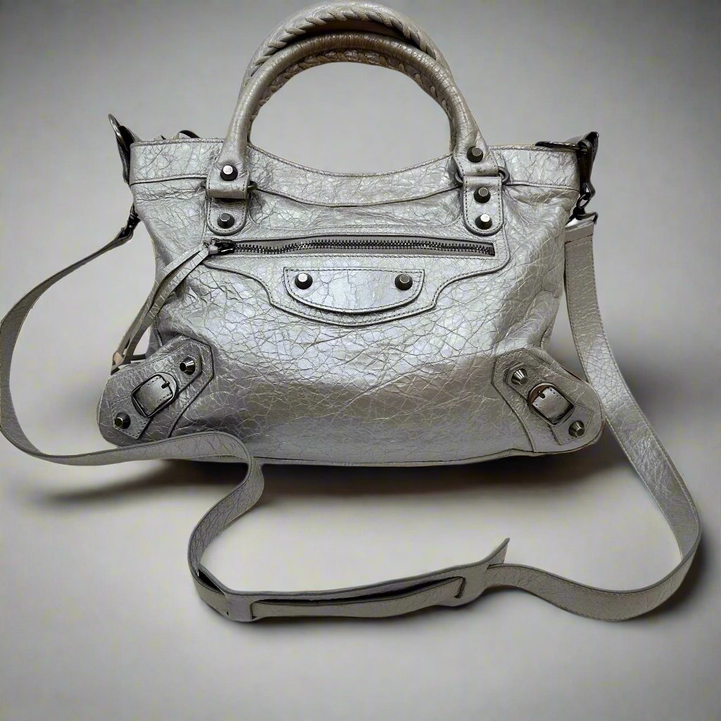 BALENCIAGA Silver Leather Small Moto Bag