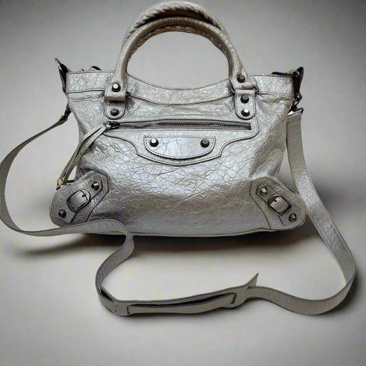 BALENCIAGA Silver Leather Small Moto Bag