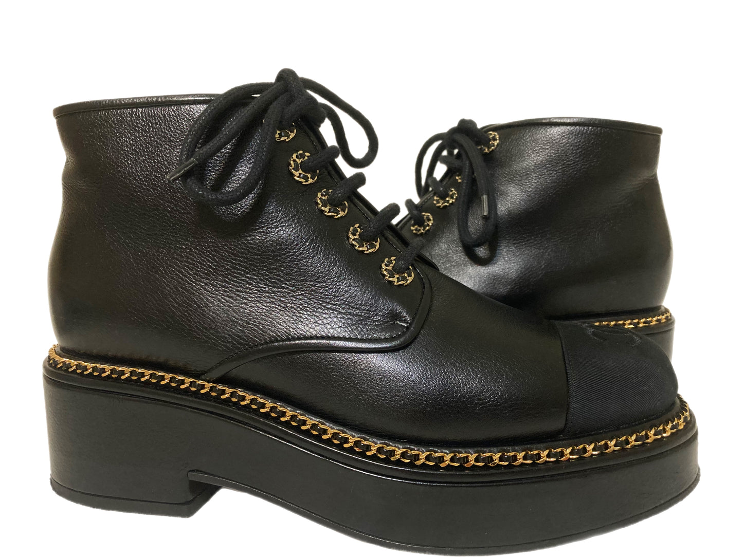 CHANEL Leather Lace Up Boots Size 38.5 Black
