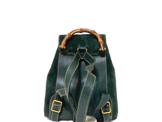 GUCCI Suede and Leather Bamboo Handle Backpack Green