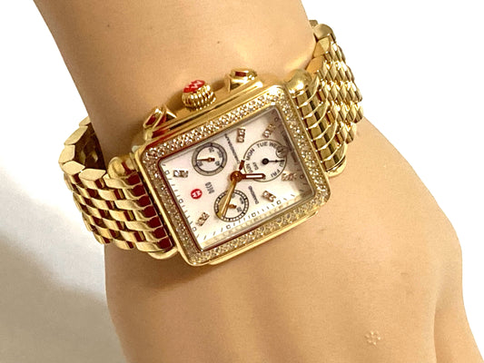 MICHELE Gold Toned Deco Diamond Watch