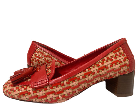 TORY BURCH Leather Woven Tassel Pumps Red Size 6.5