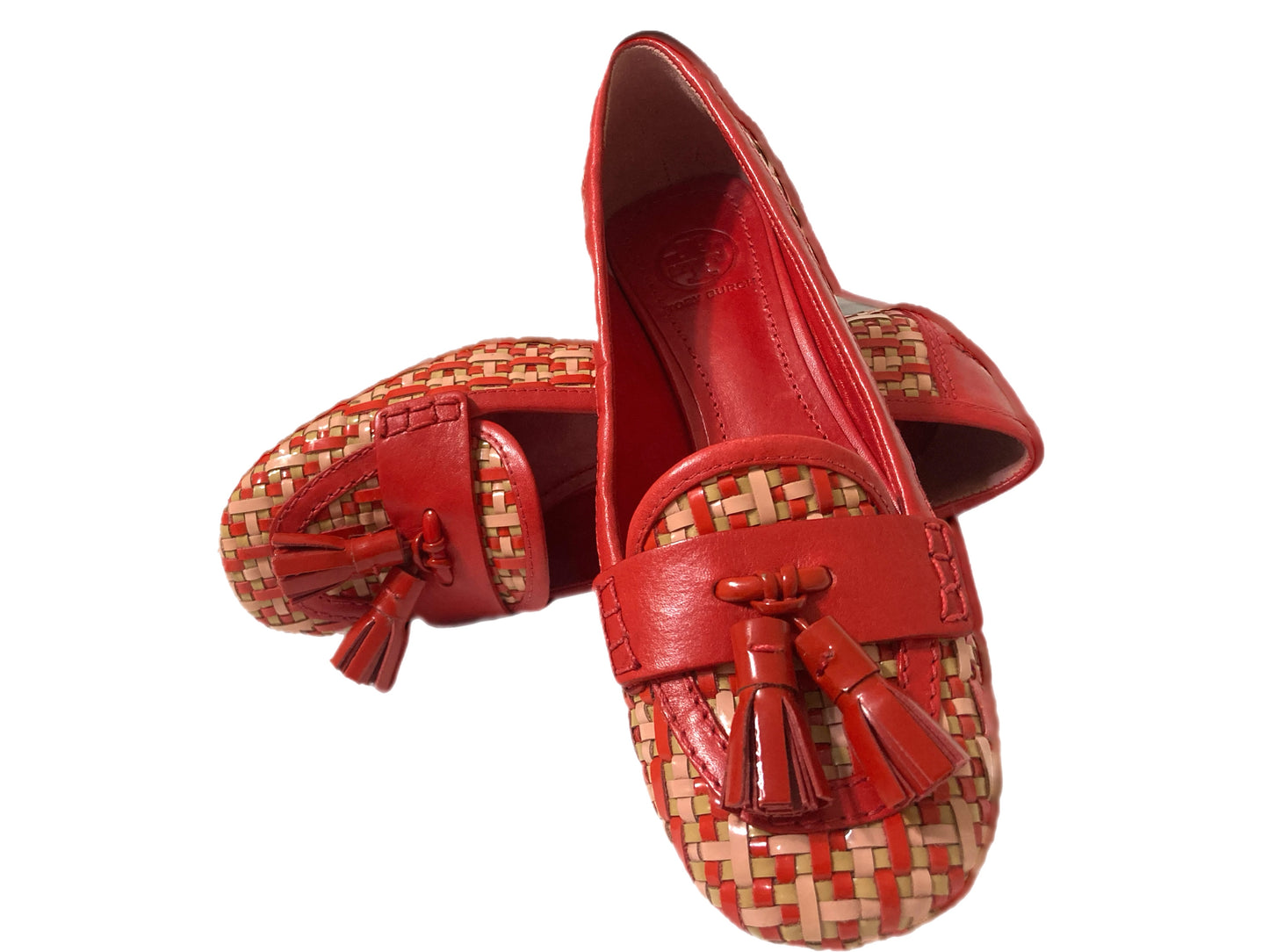 TORY BURCH Leather Woven Tassel Pumps Red Size 6.5