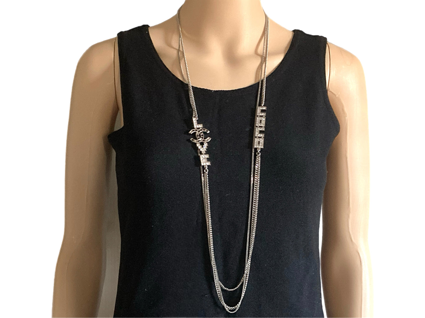 CHANEL Silver Toned Love Coco Tiered Necklace