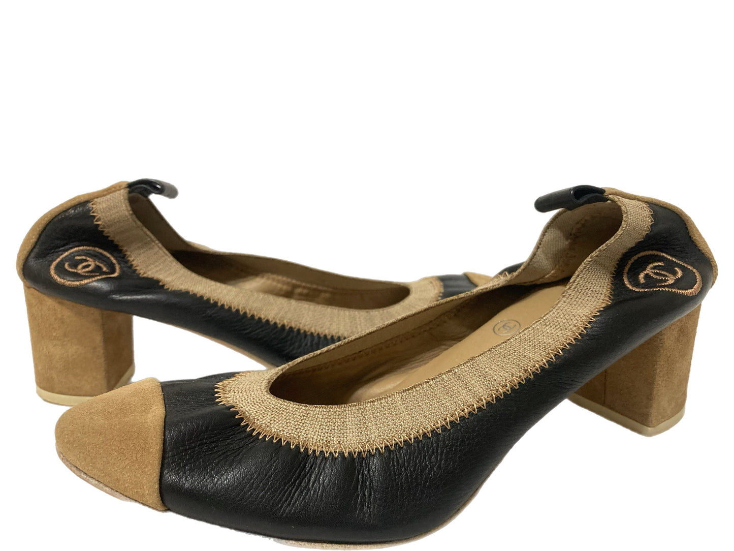 CHANEL Leather Ballet Pumps Black / Tan Size 35.5
