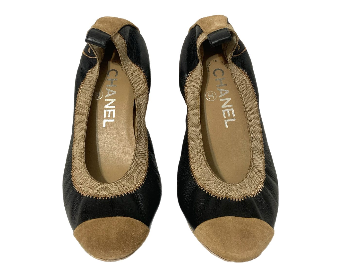 CHANEL Leather Ballet Pumps Black / Tan Size 35.5