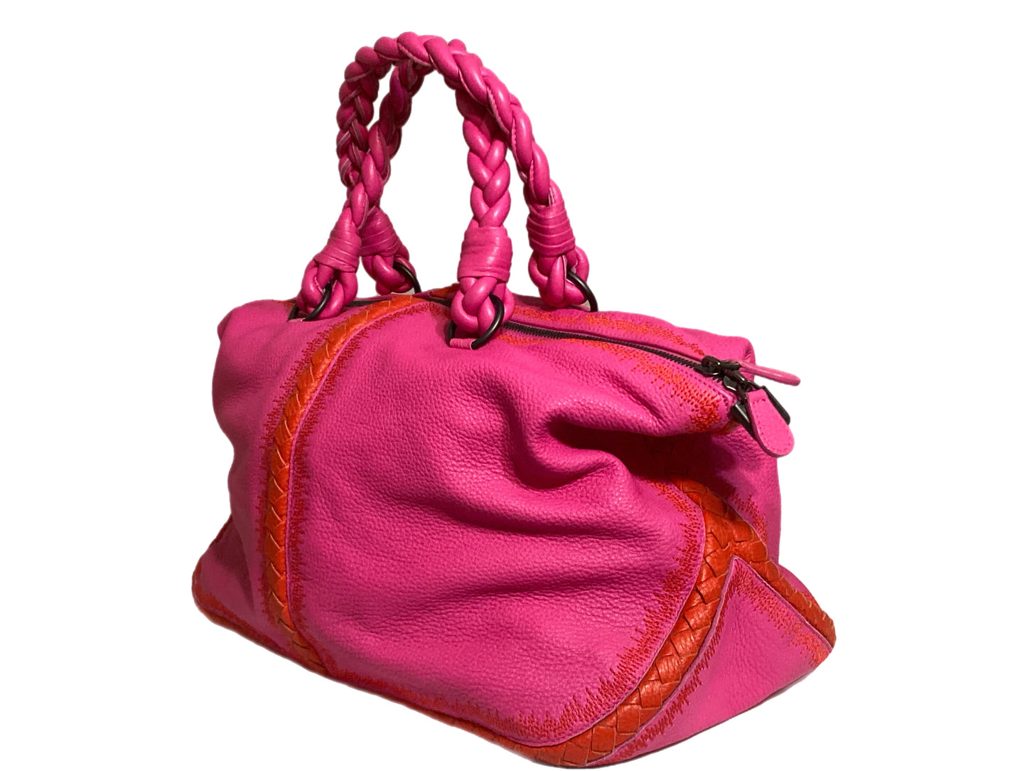 BOTTEGA VENETA Leather Braided Handbag Hot Pink / Orange