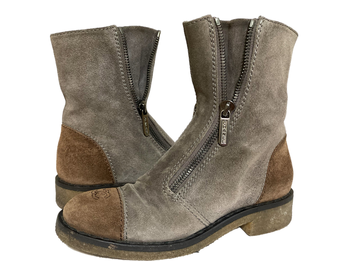 CHANEL Suede Zipper Logo Boots Gray / Brown Size 38.5