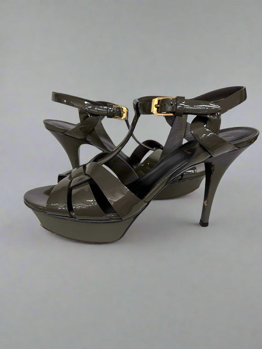 YSL Gray Patent Leather Tribute Sandal
