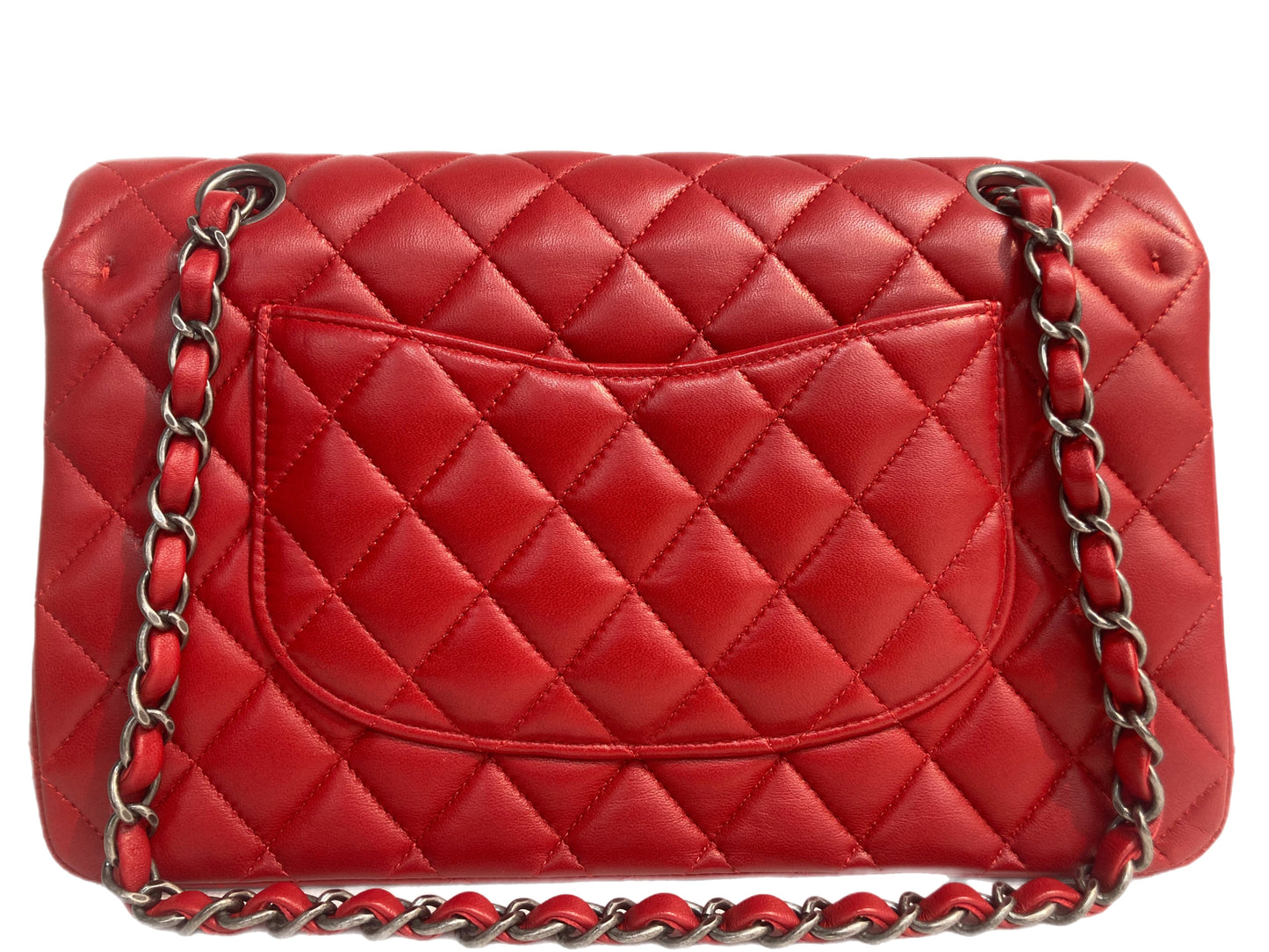 CHANEL Lambskin Leather Medium Double Flap Bag Red