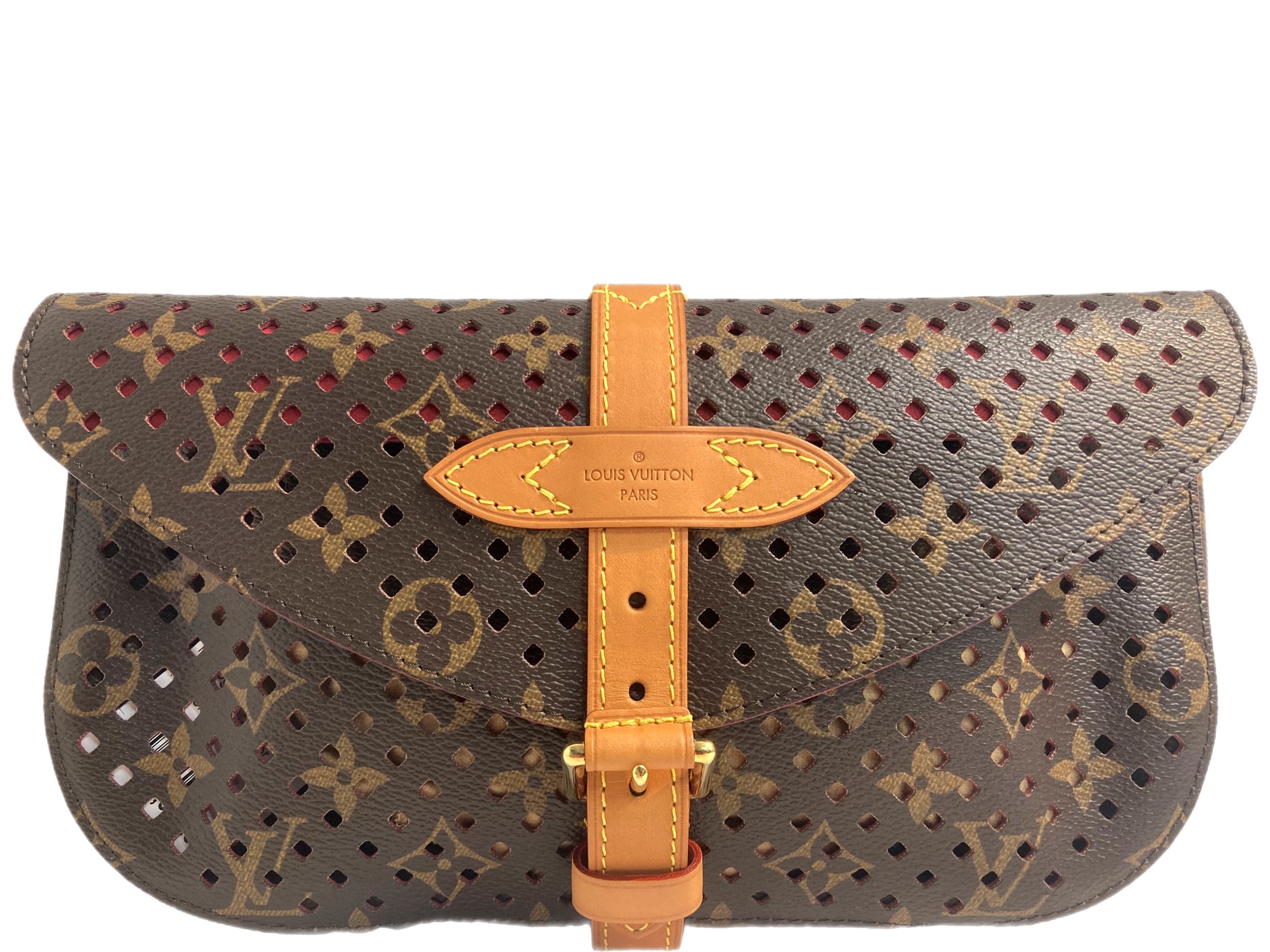 Louis Vuitton red perforated Monogram pre-owned leather case.