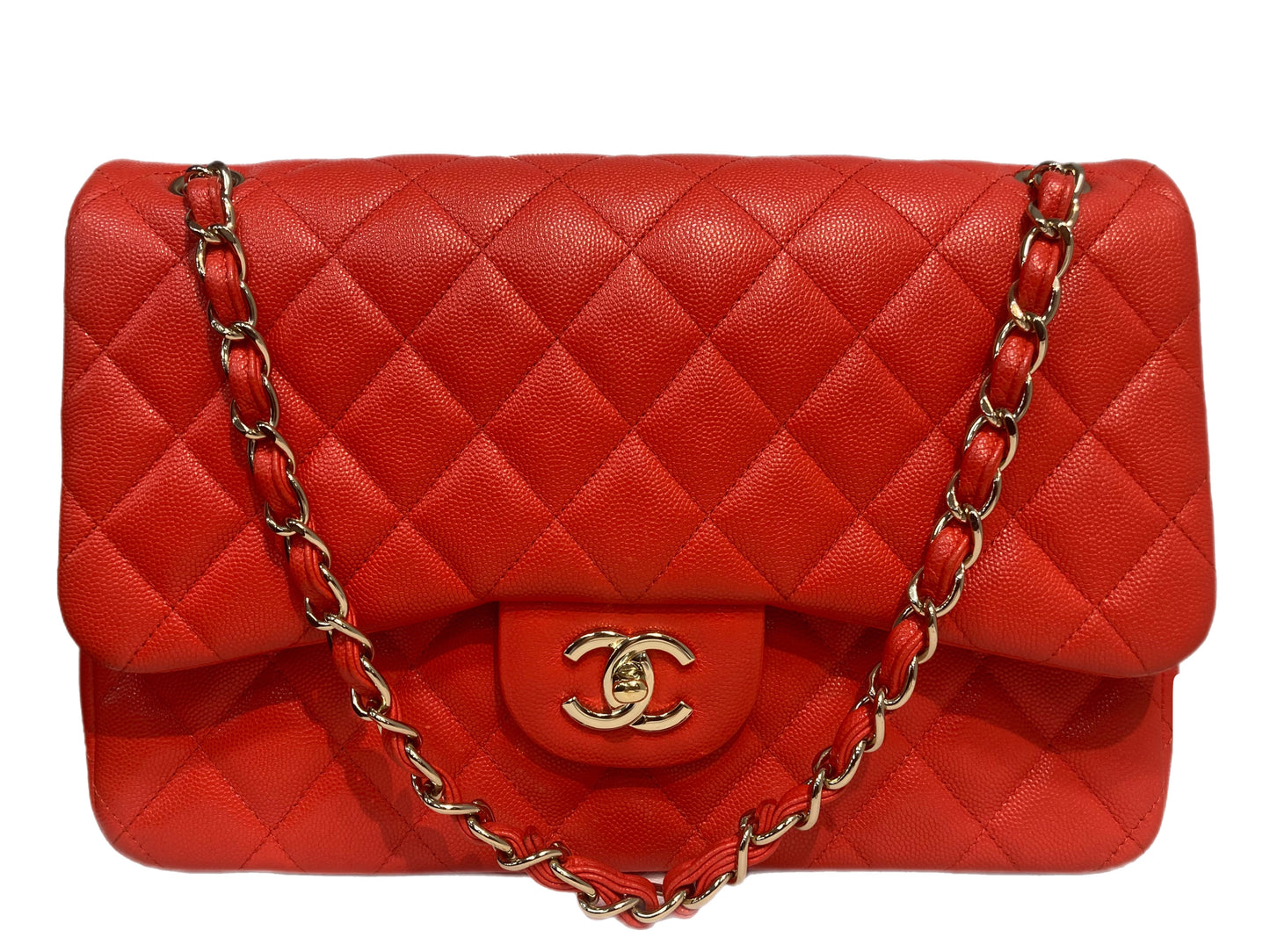 CHANEL Jumbo Caviar Leather Quilted Double Flap Handbag Orange/Red