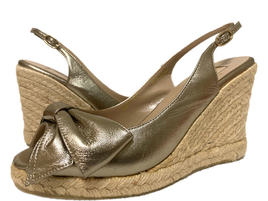 VALENTINO Leather Raffia Wedges Gold Size 37