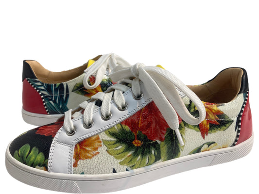 CHRISTIAN LOUBOUTIN Leather Floral Print Sneakers White Size 37.5