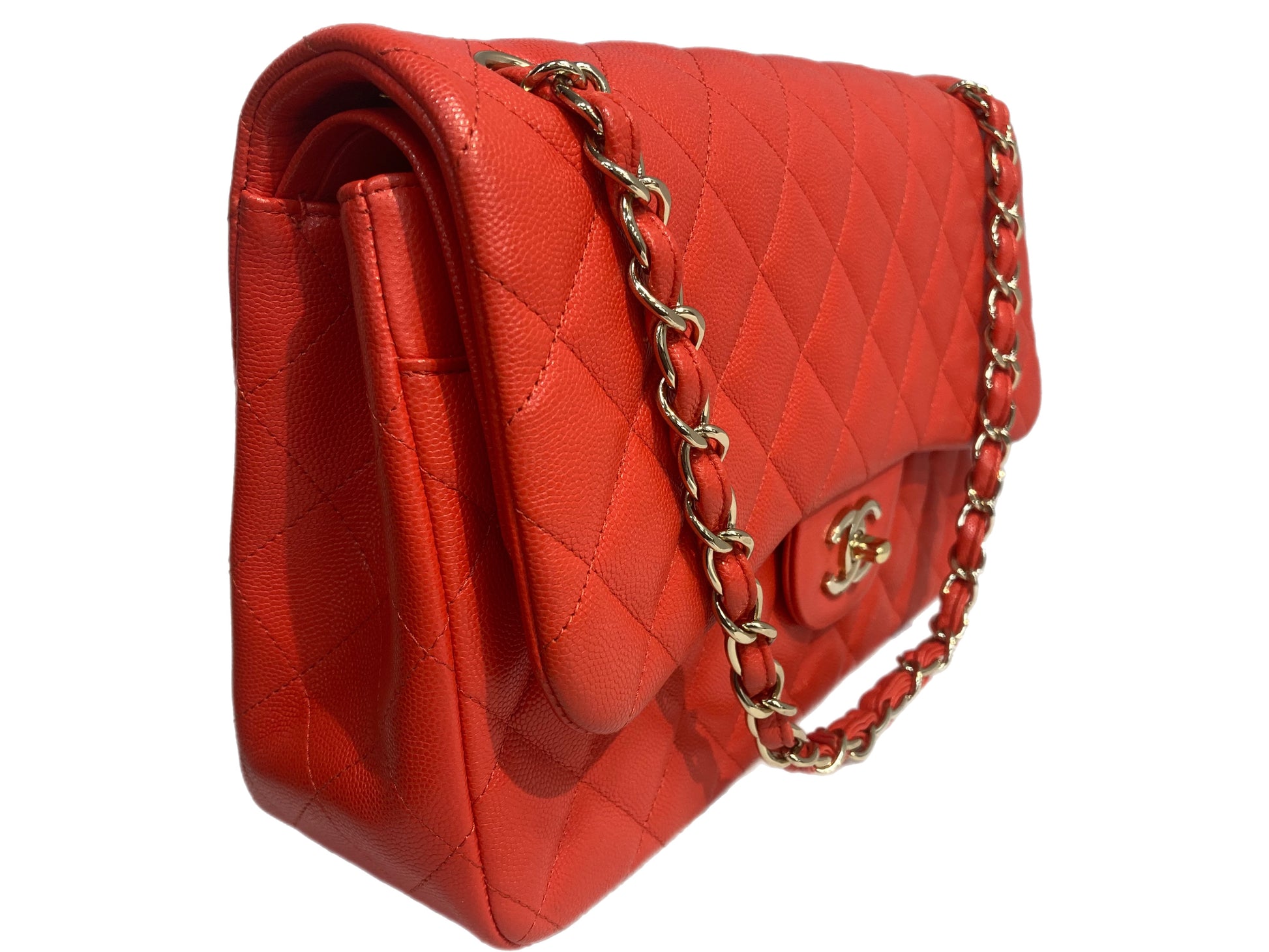 Chanel Jumbo Caviar Leather Quilted Double Flap Handbag Orange/Red