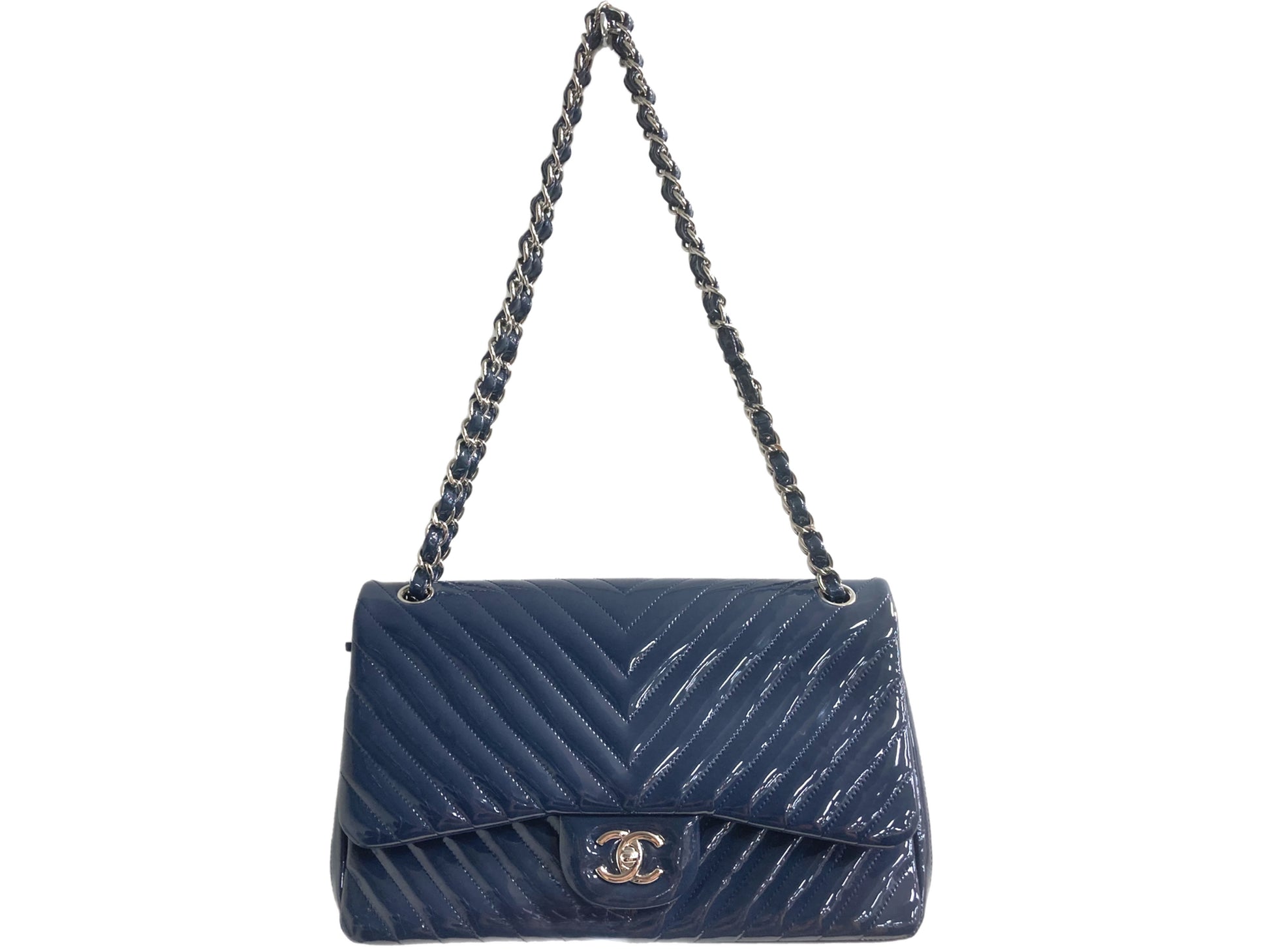 CHANEL Mini Rectangular Flap Chevron Leather Crossbody Bag Navy Blue