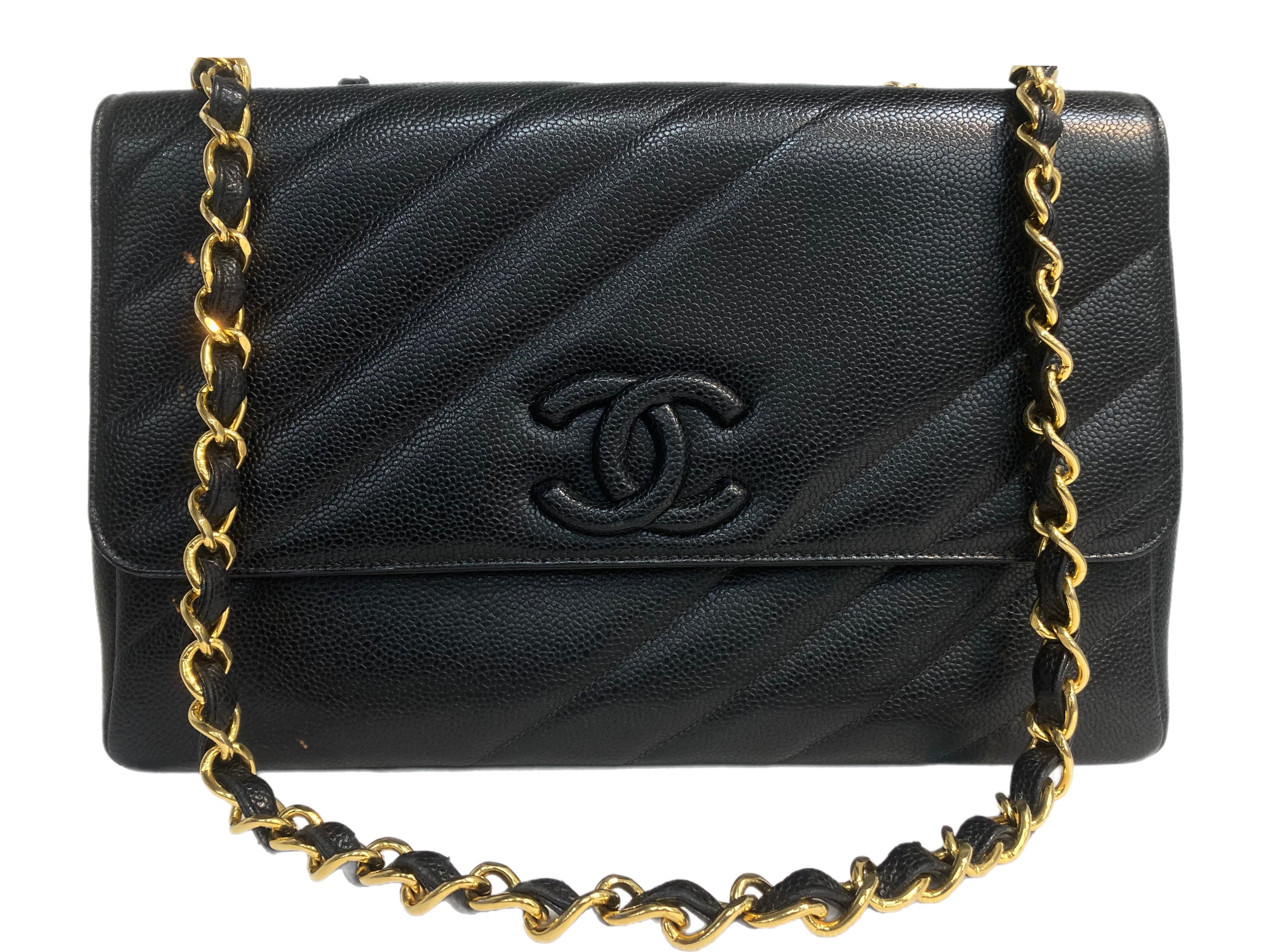 CHANEL Diagonal Caviar Leather Flap Bag Black – Past & Present
