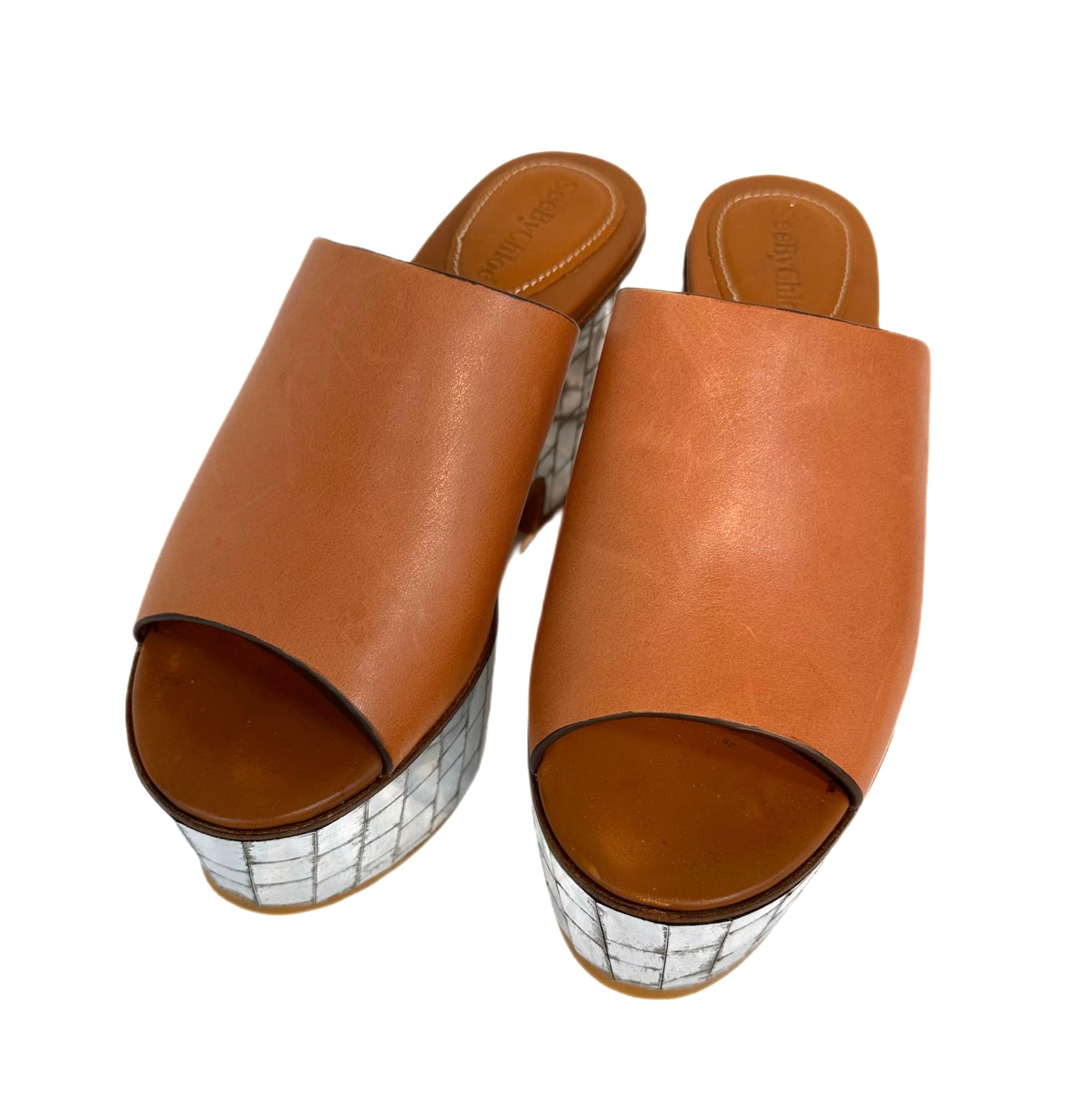 SEE BY CHLOE Brown Leather Platform Slides  Size 36