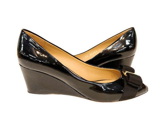 SALVATORE FERRAGAMO Patent Leather Wedges Black Size 7