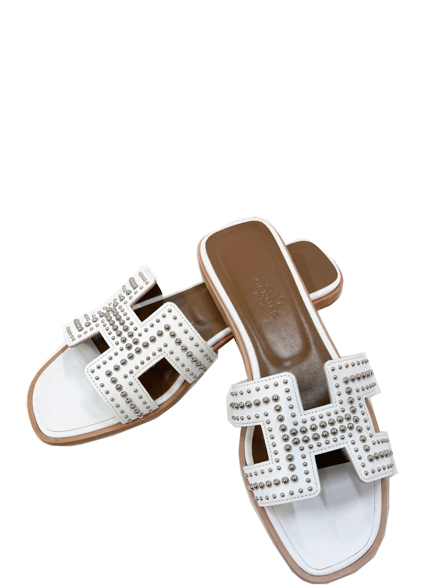 HERMES Leather Studded Tomette Oran Sandals White Size 37